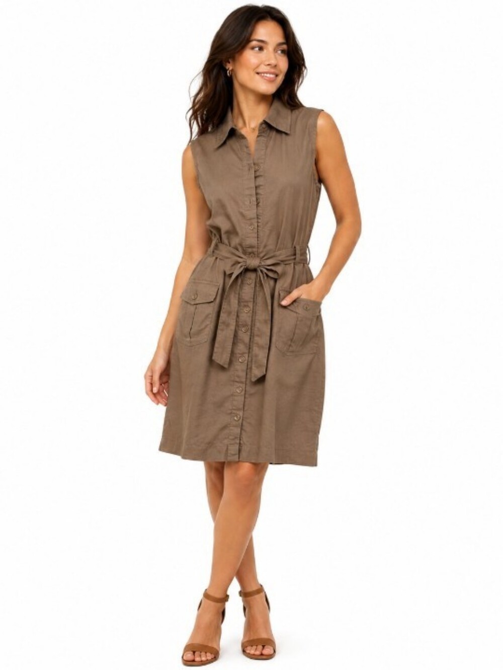 Willi Smith Brown Linen Shirt Dress 10 Sleeveless Belted Coastal Grandma Safari